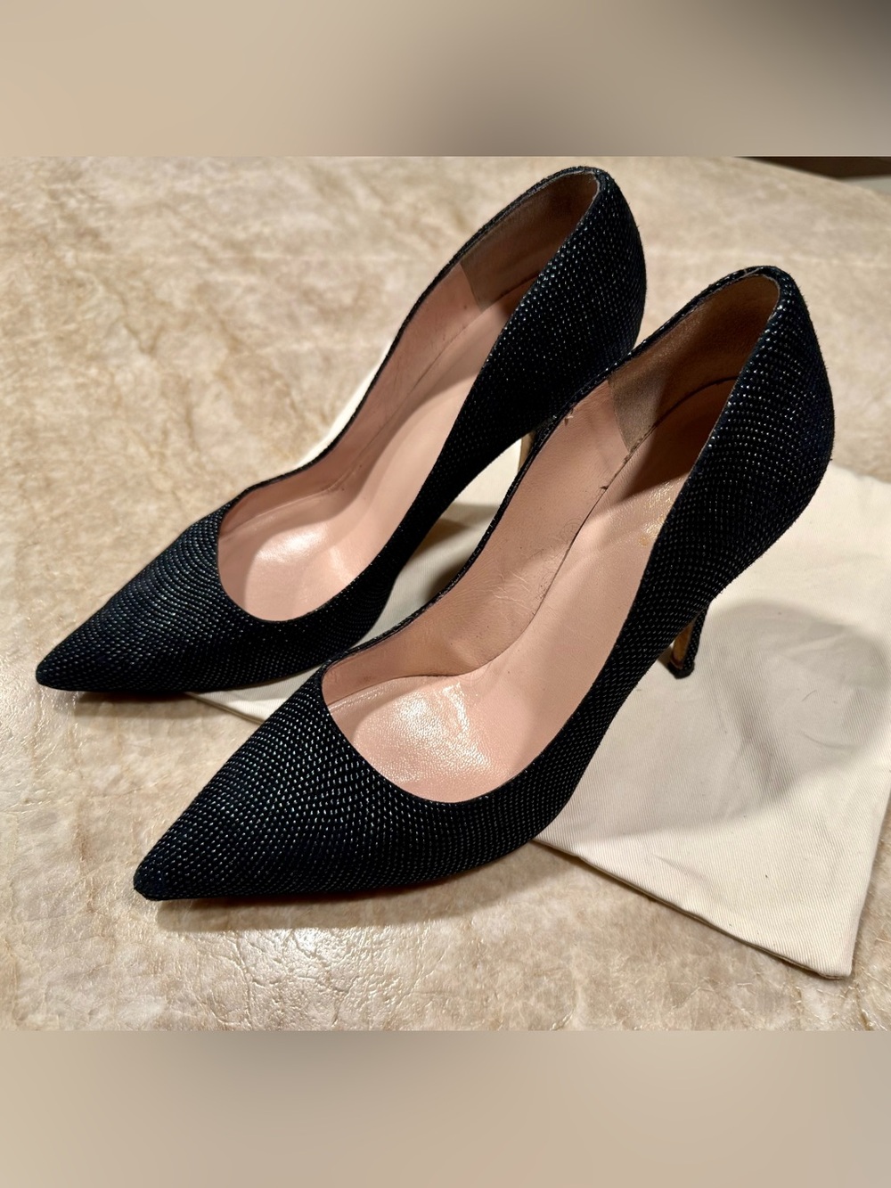 kate spade Black Pointed-Toe Textured Leather Pumps